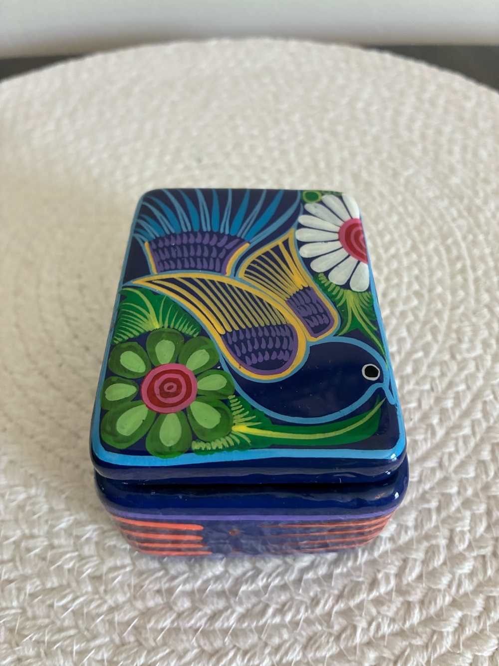Talavera Hand-Painted Floral Bird Trinket Box - Blue